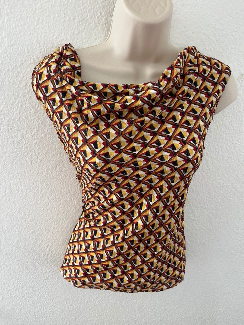 Women’s Small Silk Cotton Geometric Print Top | Draped Neckline